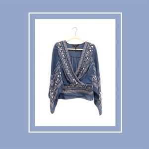 Blue Bell Sleeve Batik Surplice Silk Blouse